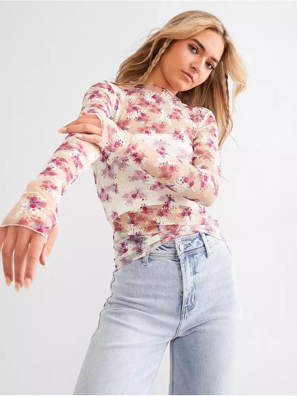 Free People Lady Lux Floral sheer fitted lace mock neck top